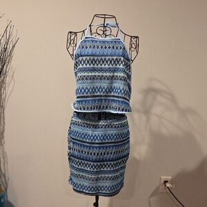 SHEIN Blue Patterned Knit Halter Skirt Set